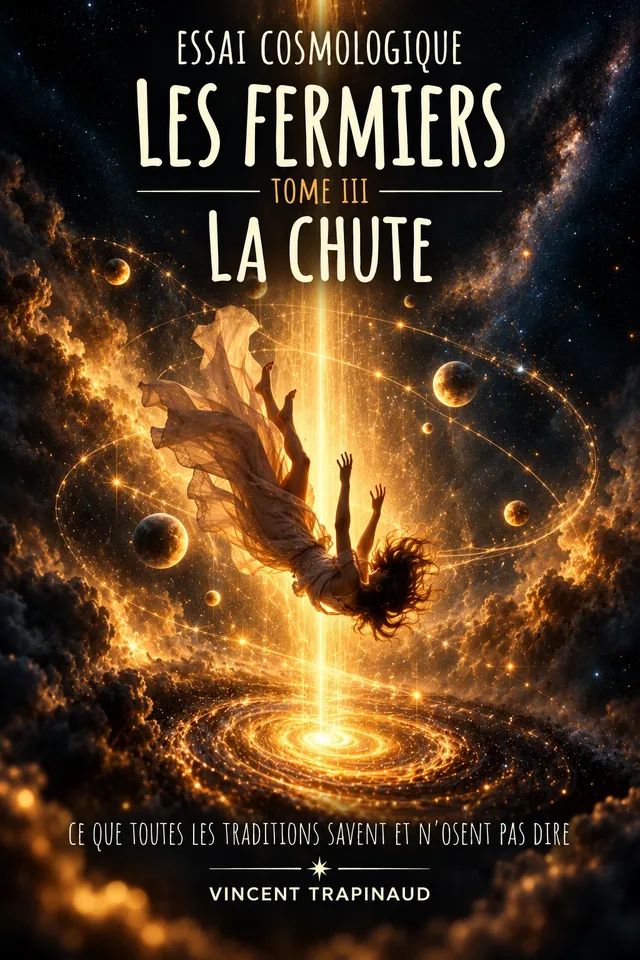 Couverture du tome III, La Chute : une silhouette tombe à travers un vortex de lumière dorée, parmi les étoiles