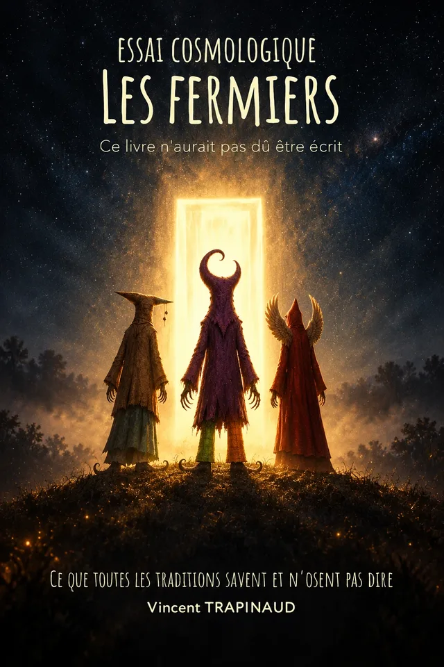 Couverture du livre 1, Les Fermiers : trois Fermiers de dos devant une porte de lumière, sous un ciel étoilé